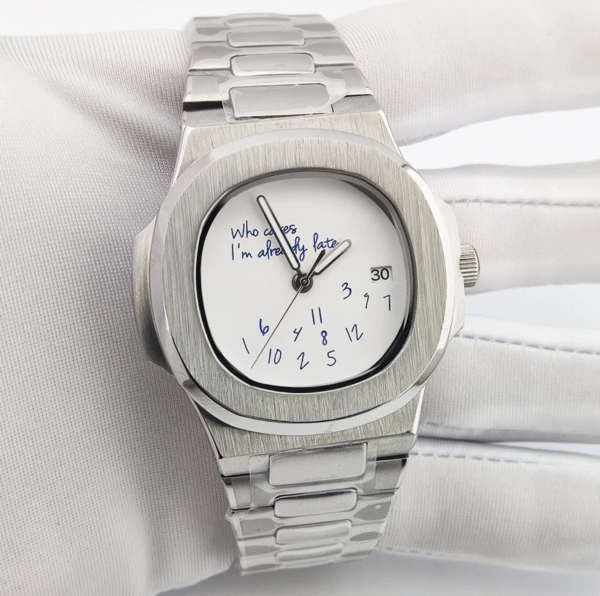 Nautilus Who Cares I'm already late watch, white dial