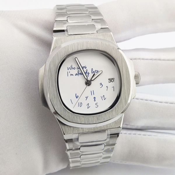 Nautilus Who Cares I'm already late watch, white dial