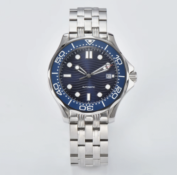 Sea Master Watch Style Blue Dial Stainless Steel Men's Mechanical Watch