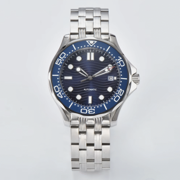 Sea Master Watch Style Blue Dial Stainless Steel Men's Mechanical Watch